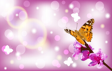 Butterfly - Painted lady - Vanessa Cardui flew to a flowering branch of a peach tree.Vector illustration.
