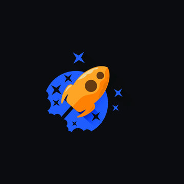 Orange rocket on a blue moon on a dark background. The design is suitable for decor, logo, cartoon, animation, astronomy, hobby circle, hobby rocket club. Vector isolated illustration