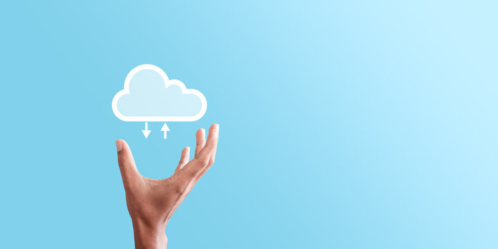 hand holding icon cloud computing network and icon connection data information in hand. Cloud computing and technology concept