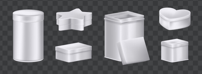 Realistic metal box mockup set. Aluminum containers boxes different shapes