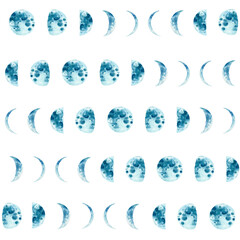 Watercolor moon phases pattern. Hand painted various phases isolated on white background. Hand drawn modern space design for print, fabric, textile, cover.