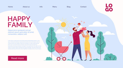 Happy family: father, mother and baby in the background of nature and the shining sun. Template design with text, logo, button. Vector illustration in flat cartoon style.