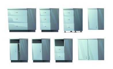 Set of kitchen cabinets with drawers. Floor and wall. With doors and niches. Cartoon style. Object isolated on white background. Vector