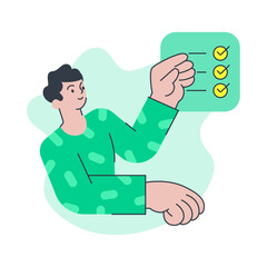 Male making checklist with complete tasks and checkmarks vector flat illustration. Checking business to do list success, questionnaire checkbox isolated. Minimalist man character big limbs style
