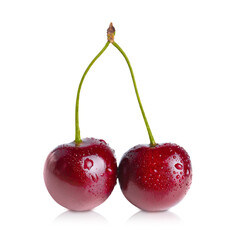 Fresh cherry fruit with water drops isolated on white background