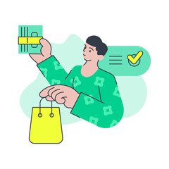 Man customer buying goods with paper shopping bag and currency cash money vector flat illustration. Minimalist male client shopper purchasing with checklist notes done complete paying dollar