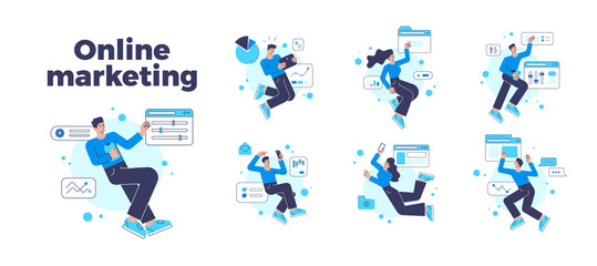 Collection people online marketing strategy development, analyzing market, statistic branding promotion vector flat illustration. Man and woman internet management campaign digital service isolated