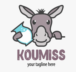 Obraz na płótnie Canvas Funy koumiss logo. Cute funny smiling cartoon donkey with milk. Traditional Kazakh drink sign.