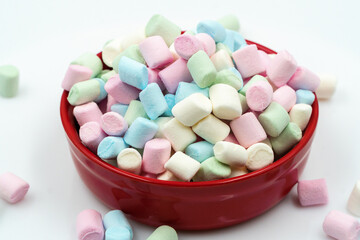 Multi-colored marshmallows. Background or texture of colorful blue and pink marshmallows.