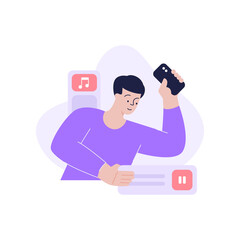 Modern man enjoying multimedia content at social networks use smartphone vector flat illustration. Male use watching video, listening music on helpful application mobile phone internet service