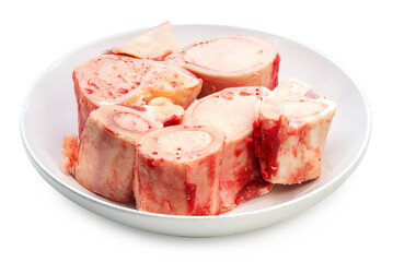 Beef bone marrow in white plate isolated on white background, Beef Stock Bone, Marrowbone on white With clipping path.