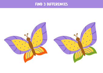 Fototapeta na wymiar Find three differences between two colorful butterflies.