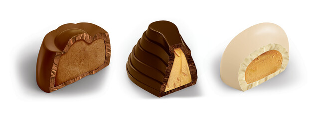 milky, dark and white chocolate molds on a white background. 3D rendering