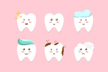 set of shining, dirty, sick, and clean cute tooth icon vector illustration