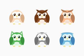 Set of cute owl vector flat illustration
