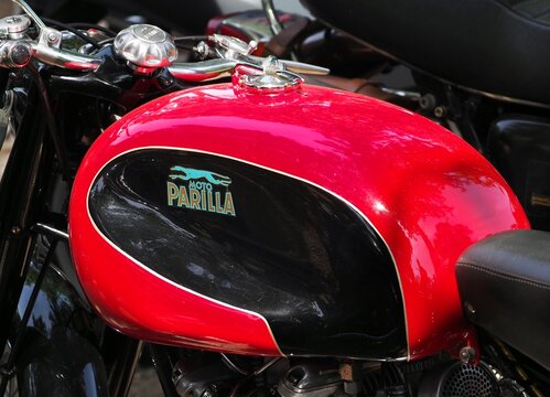 Udine, Italy. June 9, 2019.  Moto Parilla logo on a classic vintage italian motorcycle during an exhibition in the city
