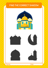 Find the correct shadows game with mosque. worksheet for preschool kids, kids activity sheet