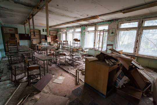 Interior of a destroyed school classroom in a school in the city of Pripyat