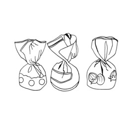 Set of hand-drawn candies in beautiful wrappers. Confectionery products drawn in the style of doodles. Vector EPS10.