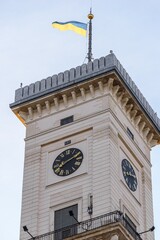 Thr tower of City Hall. Lviv, Ukraine. Clock tower.