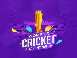 Sticker Style Women's Cricket Championship Font With 3D Shiny Trophy Cup, Participating Countries Helmets On Purple Stadium View.