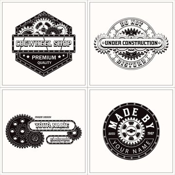 Set of monochrome vintage label with gear wheels, metal rails, rivets, text. Black emblems in steampunk style on white background. Good for craft design.