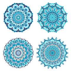 Luxurious set of 4 Mandalas. Turquoise ethnic ornament on a white background. Lace decorative ornament for printing.