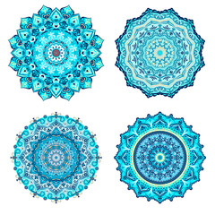 Turquoise ethnic ornament on a white background. Luxurious collection of Mandalas. Lace decorative ornament for printing.