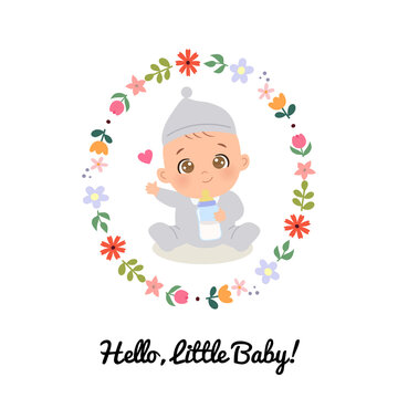 Cute baby with bottle milk announcement card template. Flat vector cartoon design