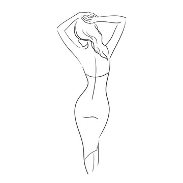 PrintA beautiful woman in a dress stands with her back. Linear sketch of a girl. Stock  illustration isolated on white background.