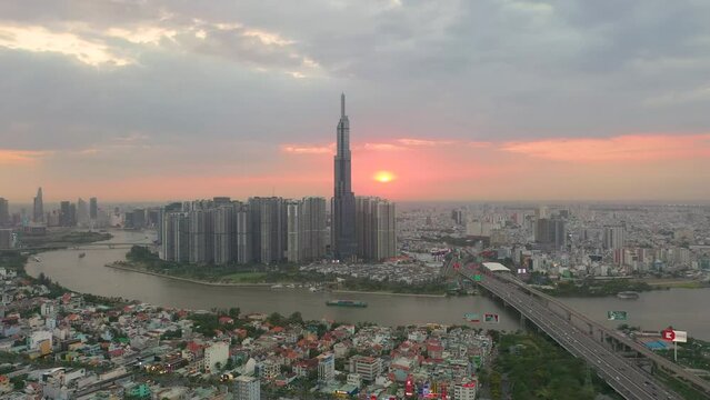 Aerial view of Landmark 81 and Ho Chi Minh City downtown in sunset