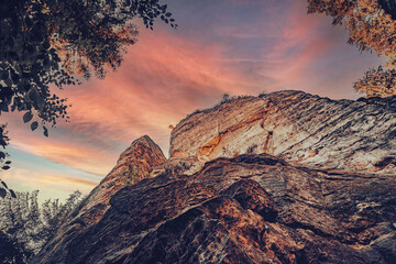 Fototapeta premium Blick nach oben zu den Schrammsteinen. Zwischen Felsen und Sandsteinen. Bizarre Felsformen an der Elbe südöstlich von Dresden am Osterzgebirge. 