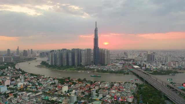 Aerial view of Landmark 81 and Ho Chi Minh City downtown in sunset