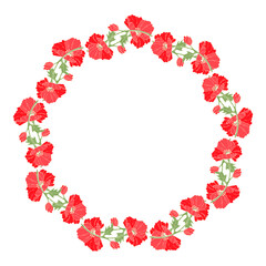 Poppy wreath. Flowers, buds and leaves of poppy in the form of a circle. Hand drawn color vector illustration for your design. Vector illustration