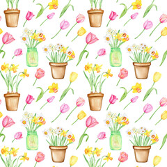 Watercolor seamless spring gardening pattern with tulips and daffodils, floral ornament on white background.