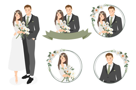 cute cartoon young wedding couple wreath logo in white camellia wreath