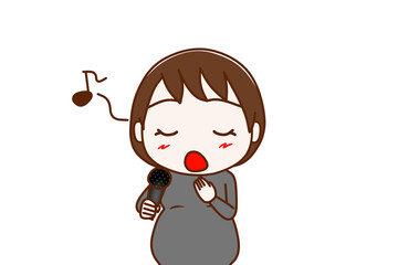 （上半身正面）マイクを持って目を閉じ、気持ちよく歌う妊婦