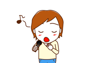 （上半身正面）マイクを持って目を閉じ、気持ちよく歌う白人男性