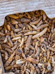 Box of Turmeric spice (Curcuma longa) at a market