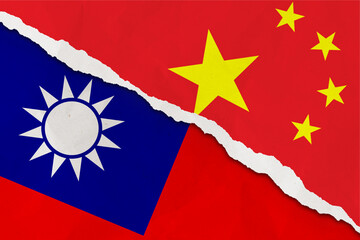 China and Taiwan flag ripped paper grunge background. Abstract China and Taiwan economics, politics conflicts, war concept texture background.