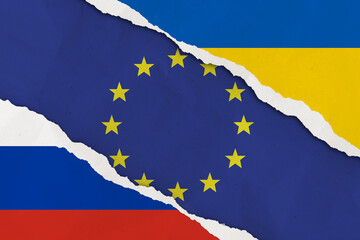 Ukraine, Russia, European union flag ripped paper grunge background. Abstract Ukraine Russia politics conflicts, war concept texture background.