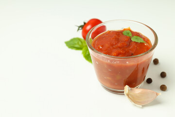 Concept of tasty food with adjika, space for text