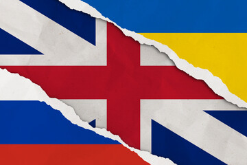 Obraz premium Ukraine, Russia, Britain flag ripped paper grunge background. Abstract Ukraine Russia politics conflicts, war concept texture background.