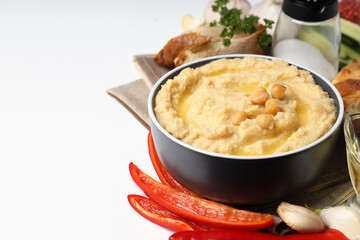 Concept of tasty food with hummus, space for text