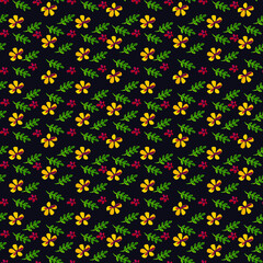 Small yellow, red flowers and green leaves on a dark background. Seamless floral watercolor rhythmic background. Vector illustration.
