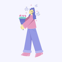 happy girl with a bouquet of flowers vector flat illustration on a white background