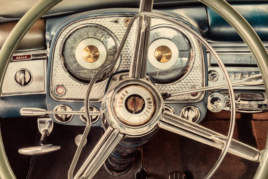 Dashboard of a vintage Chrysler classic car  in the Dutch village of Drempt, The Netherlands on July 9, 2021