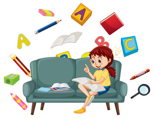 A girl read books on white background