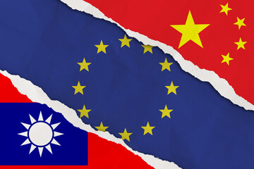 China, Taiwan and European Union flag ripped paper grunge background. Abstract China, Taiwan politics conflicts, war concept texture background.