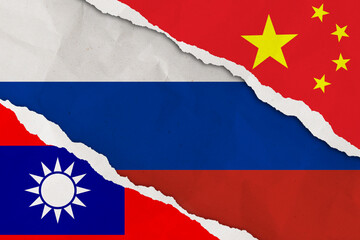 China, Taiwan and Russia flag ripped paper grunge background. Abstract China, Taiwan politics conflicts, war concept texture background.
